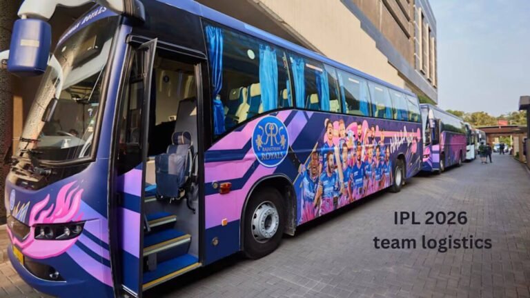 IPL team bus and support staff coordinating travel during tournament preparations