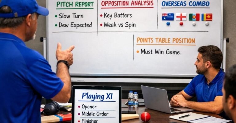 IPL team management discussing playing XI selection before a match