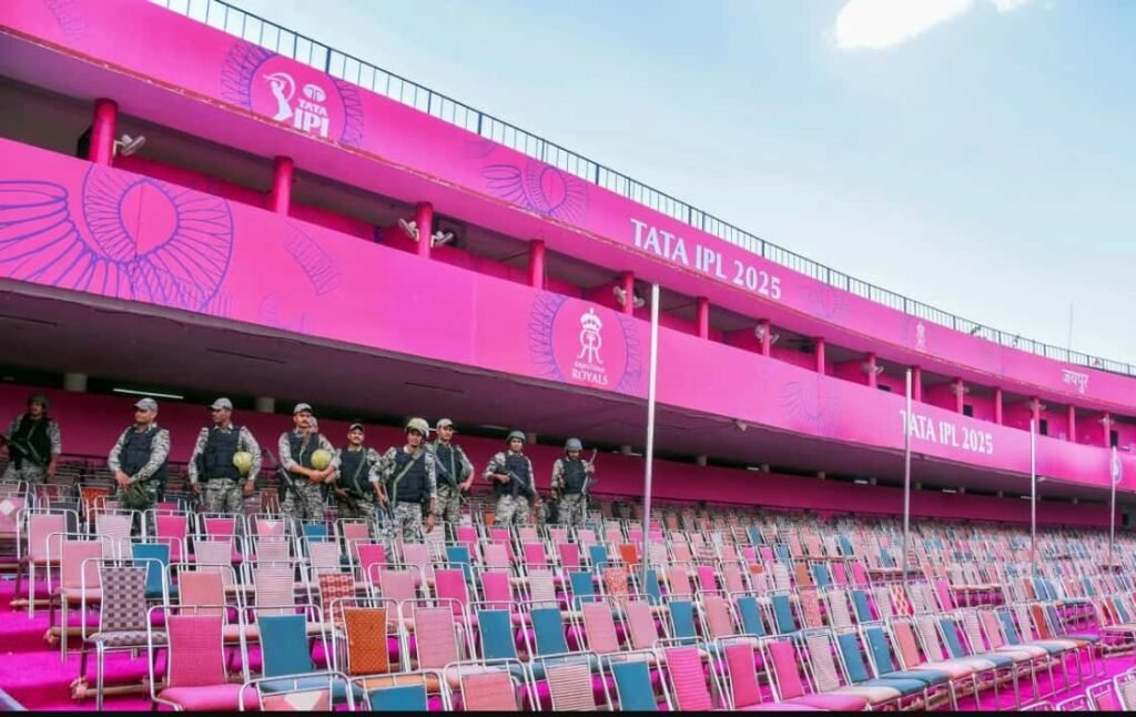 Sawai Mansingh Stadium packed with cheering cricket fans under lights