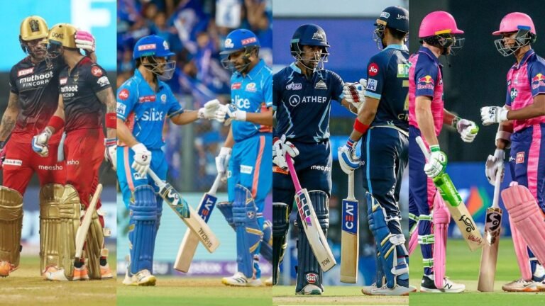 Two IPL opening batters walking to crease under stadium lights