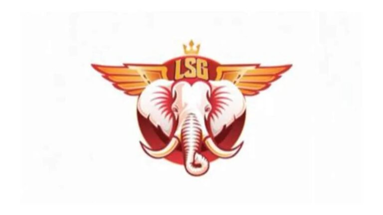 Lucknow Super Giants new IPL logo displayed on digital screen with cricket stadium in background