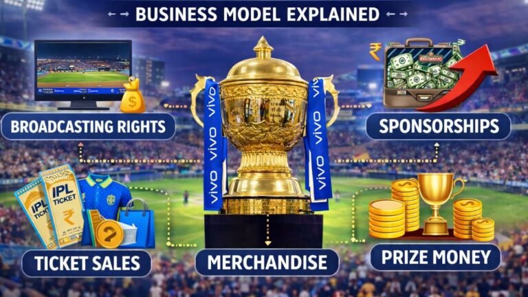 Infographic explaining how IPL teams make money through broadcasting rights, sponsorships, ticket sales, merchandise, and prize money in the IPL business model.
