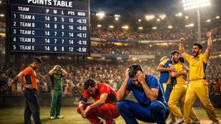 IPL points table scoreboard with players reacting during intense playoff qualification match.