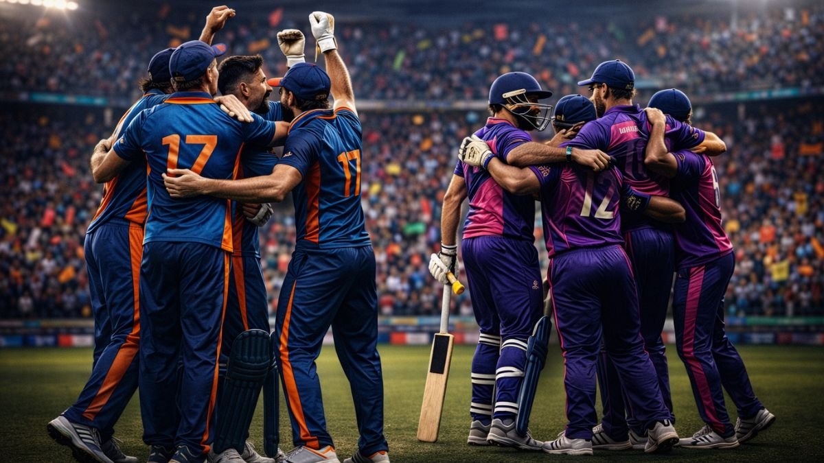 IPL players celebrating together on field during exciting night match under stadium lights.