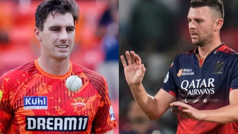 RCB and SRH players during IPL match with focus on fast bowlers