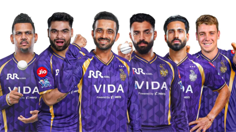 Kolkata Knight Riders players wearing purple and gold IPL jersey