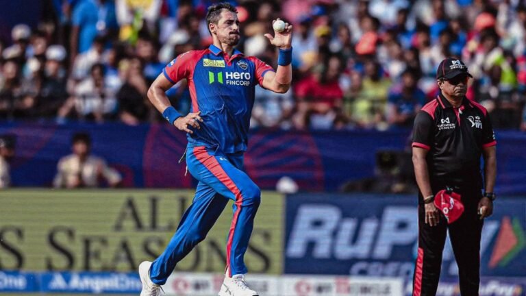 Mitchell Starc bowling fast delivery during IPL match for Delhi Capitals How Starc’s Absence Could Hurt DC Early in IPL 2026 Delhi Capitals Face Early Setback as Starc Misses Start