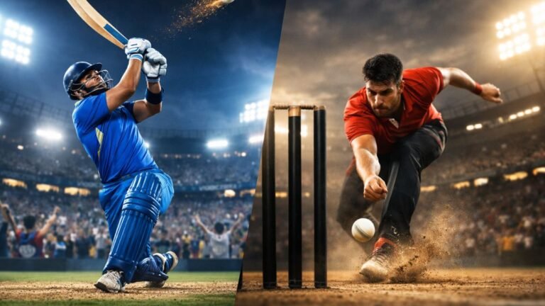 Split image showing a batsman hitting a six on one side and a fast bowler delivering a yorker on the other in an IPL-style cricket stadium under lights