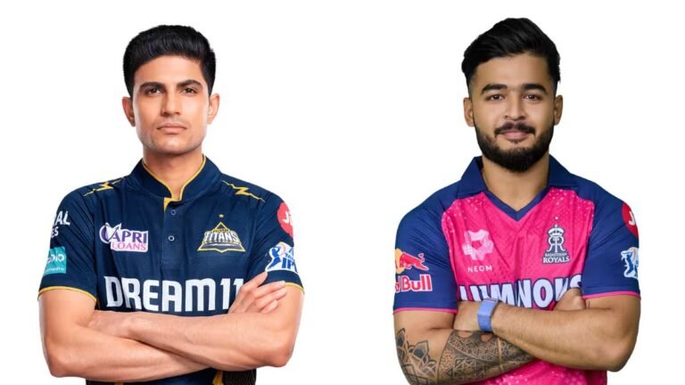 Gujarat Titans vs Rajasthan Royals players during IPL match showing batting and bowling action in stadium